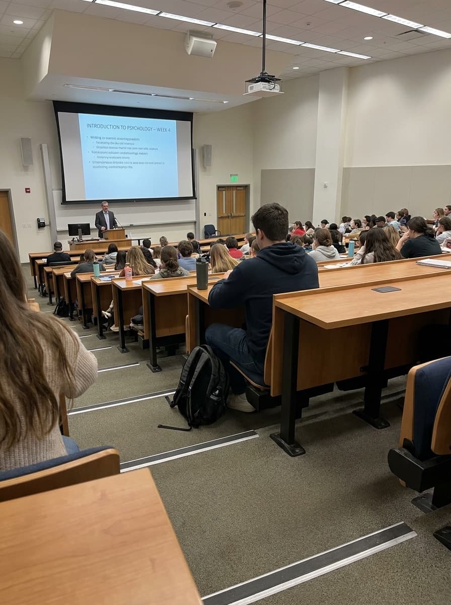 Students listening in a university lecture hall